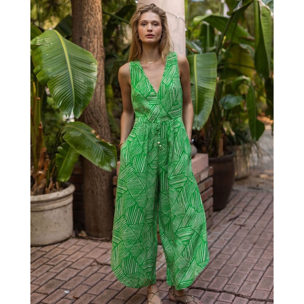 Band of the Free Green Geometric Print Wide Leg Jumpsuit Side Cutouts Womens S - Picture 5 of 6